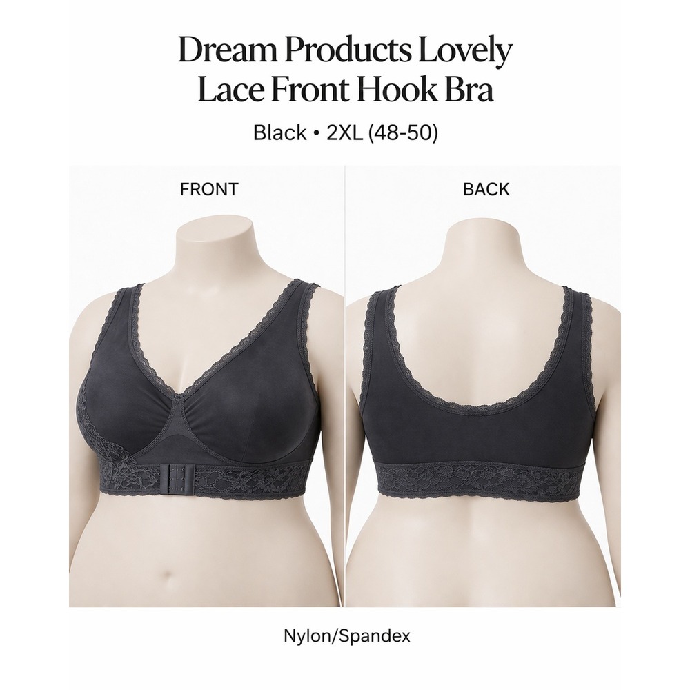 Dream Products Lovely Lace Front Hook Bra Black 2XL 48-50 Wireless 86983